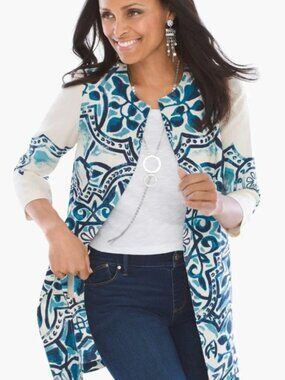 Chico's Linen Jacket Artisan Printed Jacket Longline Jacket Cream Blue Large 12